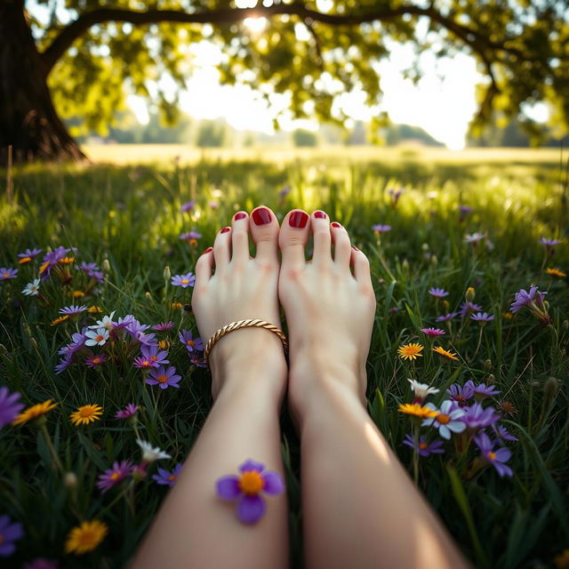 A close-up portrait of beautiful, well-groomed feet resting on a soft, grassy meadow