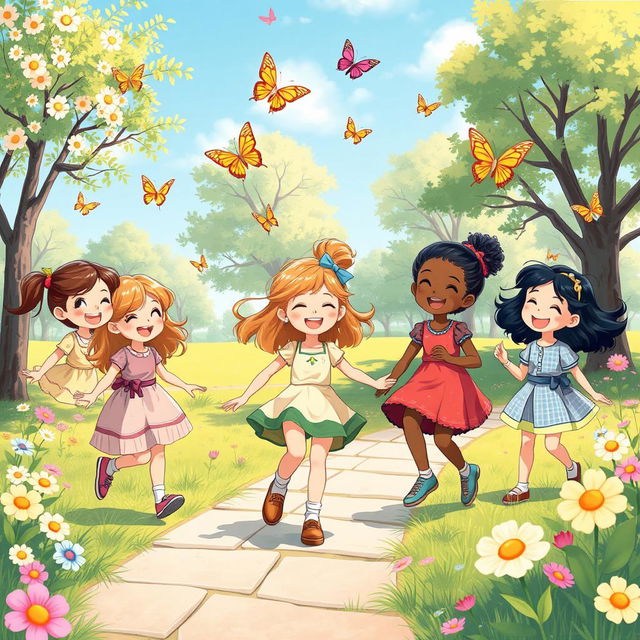 A whimsical scene of childhood wonder featuring a group of joyful girls playing in a sunny park, surrounded by blooming flowers and fluttering butterflies