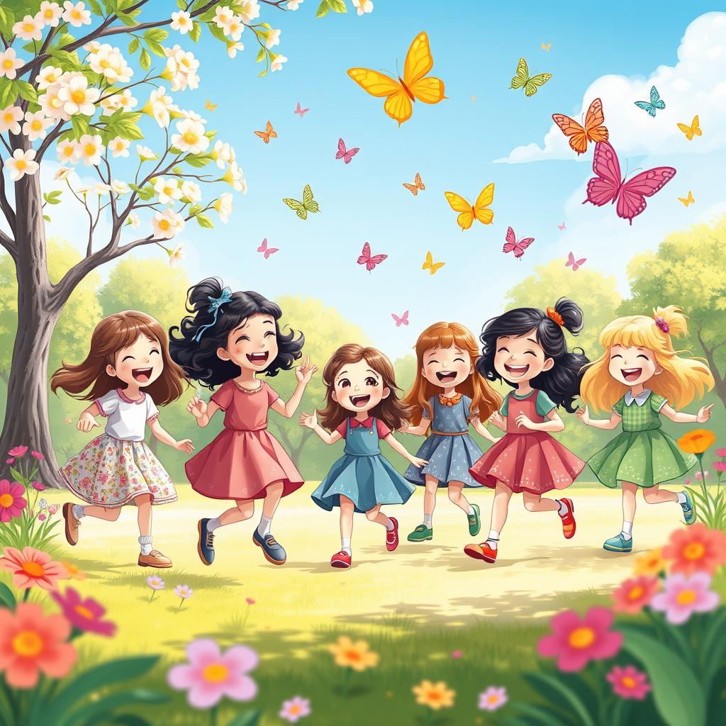 A whimsical scene of childhood wonder featuring a group of joyful girls playing in a sunny park, surrounded by blooming flowers and fluttering butterflies