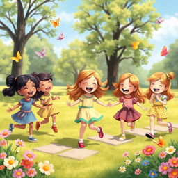 A whimsical scene of childhood wonder featuring a group of joyful girls playing in a sunny park, surrounded by blooming flowers and fluttering butterflies