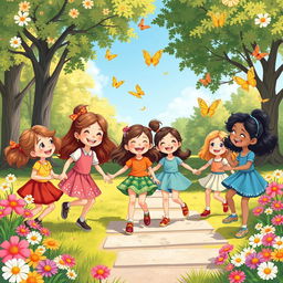 A whimsical scene of childhood wonder featuring a group of joyful girls playing in a sunny park, surrounded by blooming flowers and fluttering butterflies
