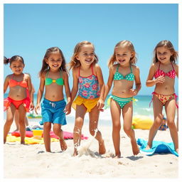 A vibrant beach scene featuring playful and joyful young girls wearing colorful swimwear, enjoying the sun and waves, with a focus on their carefree expressions and the sand beneath their feet