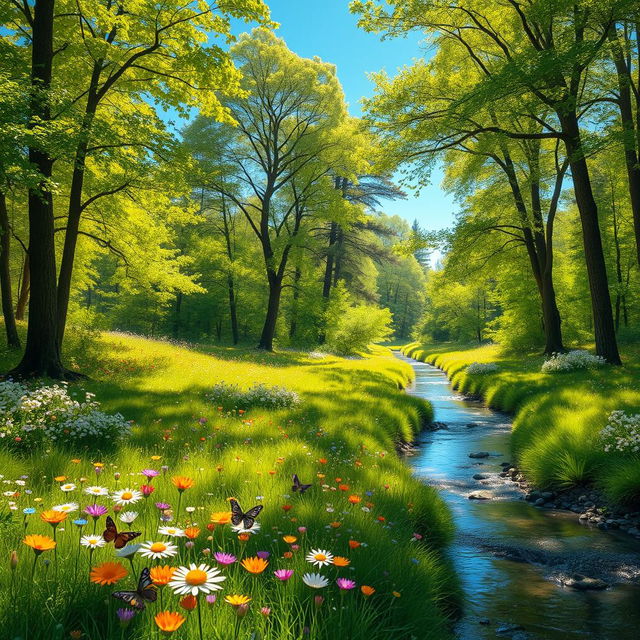 A serene and peaceful forest scene during a bright sunny day, showcasing a vibrant landscape filled with lush green trees and colorful flowers