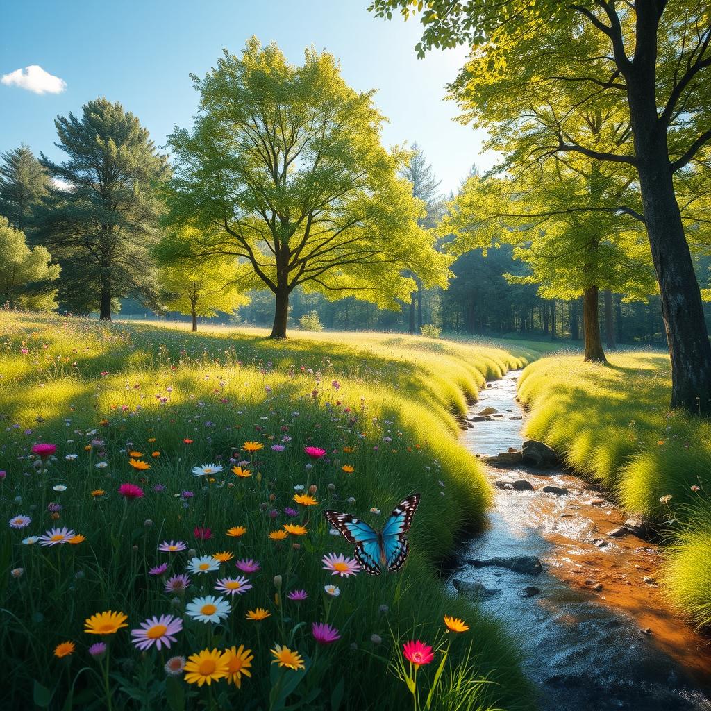 A serene and peaceful forest scene during a bright sunny day, showcasing a vibrant landscape filled with lush green trees and colorful flowers