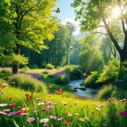 A serene and peaceful forest scene during a bright sunny day, showcasing a vibrant landscape filled with lush green trees and colorful flowers