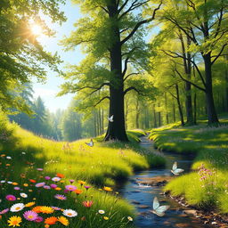 A serene and peaceful forest scene during a bright sunny day, showcasing a vibrant landscape filled with lush green trees and colorful flowers