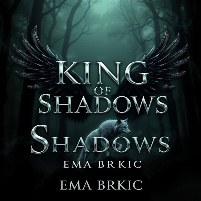 A mesmerizing book cover design featuring the title 'King of Shadows' displayed in striking metallic letters that gleam against a dark forest background