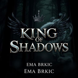 A mesmerizing book cover design featuring the title 'King of Shadows' displayed in striking metallic letters that gleam against a dark forest background