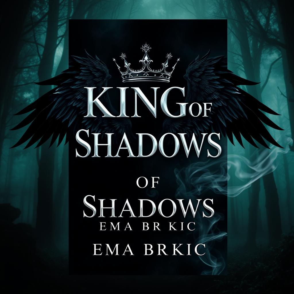 A mesmerizing book cover design featuring the title 'King of Shadows' displayed in striking metallic letters that gleam against a dark forest background