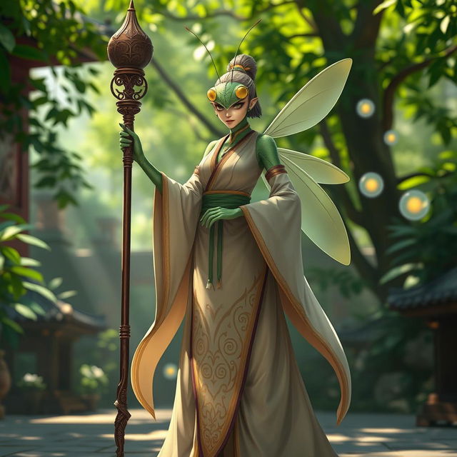 A female mantis monk character standing confidently with a mystical staff in her hand