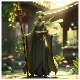 A female mantis monk character standing confidently with a mystical staff in her hand