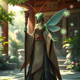 A female mantis monk character standing confidently with a mystical staff in her hand