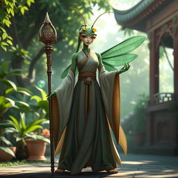 A female mantis monk character standing confidently with a mystical staff in her hand