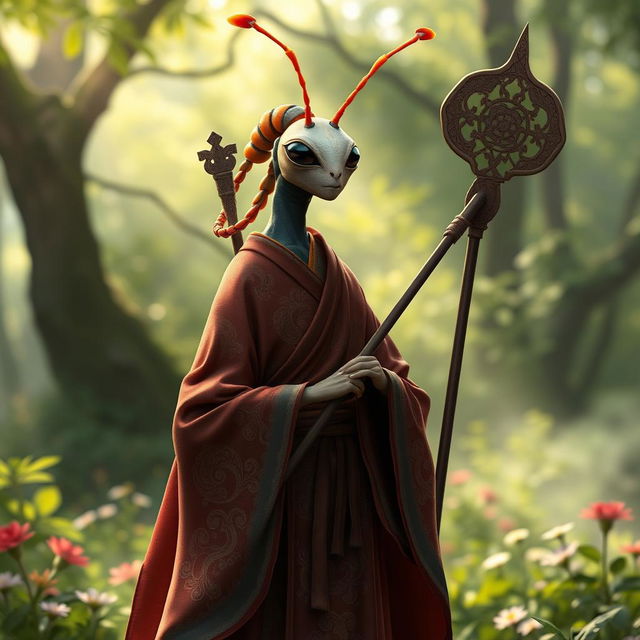 A female bipedal ant monk, tall and graceful, adorned in traditional monk robes with intricate patterns reflecting her ant features