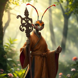 A female bipedal ant monk, tall and graceful, adorned in traditional monk robes with intricate patterns reflecting her ant features