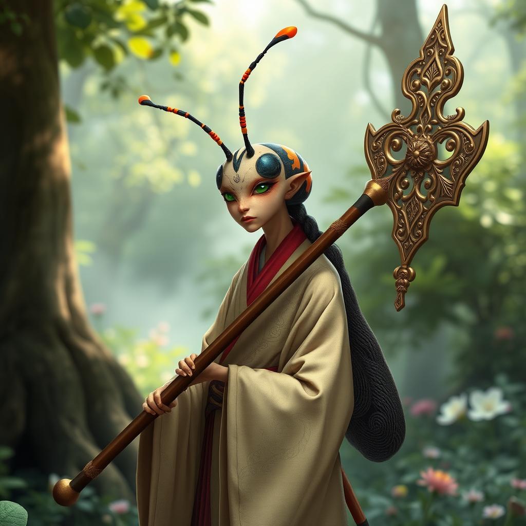 A female bipedal ant monk, tall and graceful, adorned in traditional monk robes with intricate patterns reflecting her ant features