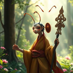 A female bipedal ant monk, tall and graceful, adorned in traditional monk robes with intricate patterns reflecting her ant features