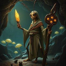 A female bipedal ant woman, embodying the essence of an underground monk, dressed in earth-toned robes that blend with the subterranean setting