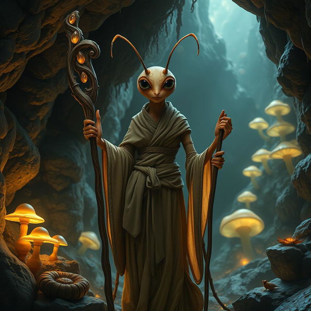 A female bipedal ant woman, embodying the essence of an underground monk, dressed in earth-toned robes that blend with the subterranean setting