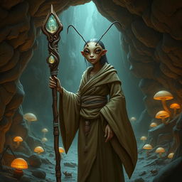 A female bipedal ant woman, embodying the essence of an underground monk, dressed in earth-toned robes that blend with the subterranean setting