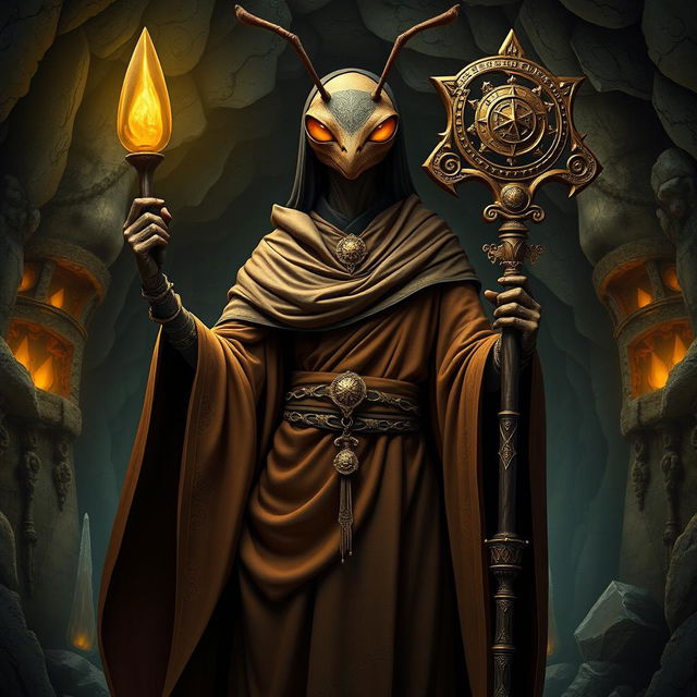 A powerful female bipedal ant woman, depicted as an underground monk, showcasing her strong and commanding presence