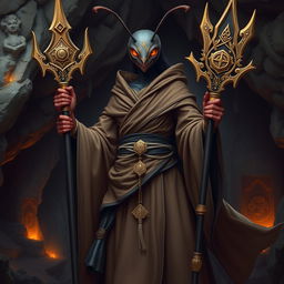 A powerful female bipedal ant woman, depicted as an underground monk, showcasing her strong and commanding presence
