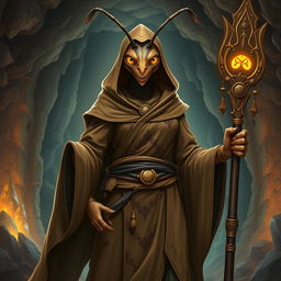 A powerful female bipedal ant woman, depicted as an underground monk, showcasing her strong and commanding presence