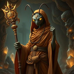A powerful female bipedal ant woman, depicted as an underground monk, showcasing her strong and commanding presence
