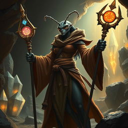A powerful female bipedal ant monk, depicted in a strong posture, exuding authority and wisdom
