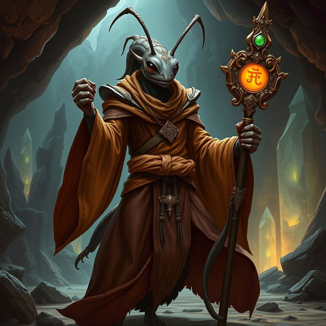 A powerful female bipedal ant monk, depicted in a strong posture, exuding authority and wisdom