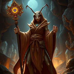 A powerful female bipedal ant monk, depicted in a strong posture, exuding authority and wisdom