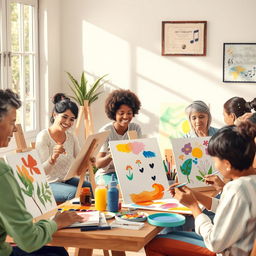 A vibrant and colorful art therapy session in progress, featuring a serene environment where diverse individuals are engaged in painting drawings