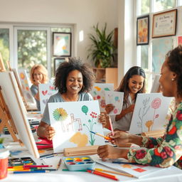 A vibrant and colorful art therapy session in progress, featuring a serene environment where diverse individuals are engaged in painting drawings