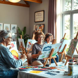 A vibrant and colorful art therapy session in progress, featuring a serene environment where diverse individuals are engaged in painting drawings