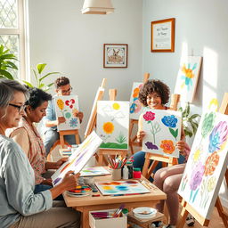 A vibrant and colorful art therapy session in progress, featuring a serene environment where diverse individuals are engaged in painting drawings