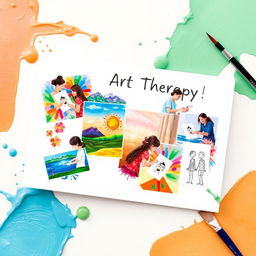 A beautifully designed card showcasing images of art therapy sessions featuring individuals painting drawings