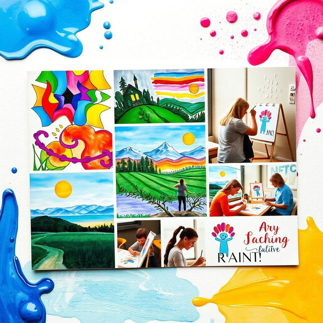 A beautifully designed card showcasing images of art therapy sessions featuring individuals painting drawings