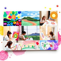 A beautifully designed card showcasing images of art therapy sessions featuring individuals painting drawings