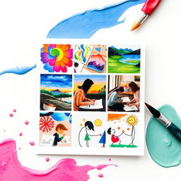 A beautifully designed card showcasing images of art therapy sessions featuring individuals painting drawings