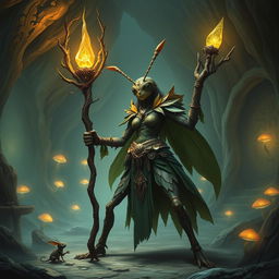 A powerful female ant monk, depicted as a giant ant with intricate armor made of natural elements like leaves and stones, standing in an underground temple filled with glowing fungi and mystical symbols