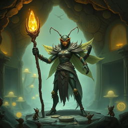 A powerful female ant monk, depicted as a giant ant with intricate armor made of natural elements like leaves and stones, standing in an underground temple filled with glowing fungi and mystical symbols