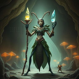 A powerful female ant monk, depicted as a giant ant with intricate armor made of natural elements like leaves and stones, standing in an underground temple filled with glowing fungi and mystical symbols