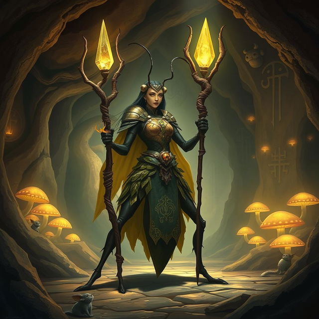 A powerful female ant monk, depicted as a giant ant with intricate armor made of natural elements like leaves and stones, standing in an underground temple filled with glowing fungi and mystical symbols