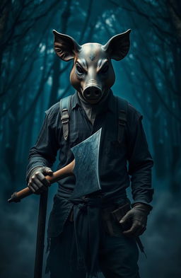 A terrifying pig-masked man standing in a dimly lit forest, holding a large, menacing axe in his right hand