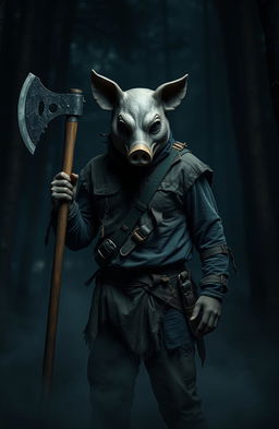 A terrifying pig-masked man standing in a dimly lit forest, holding a large, menacing axe in his right hand