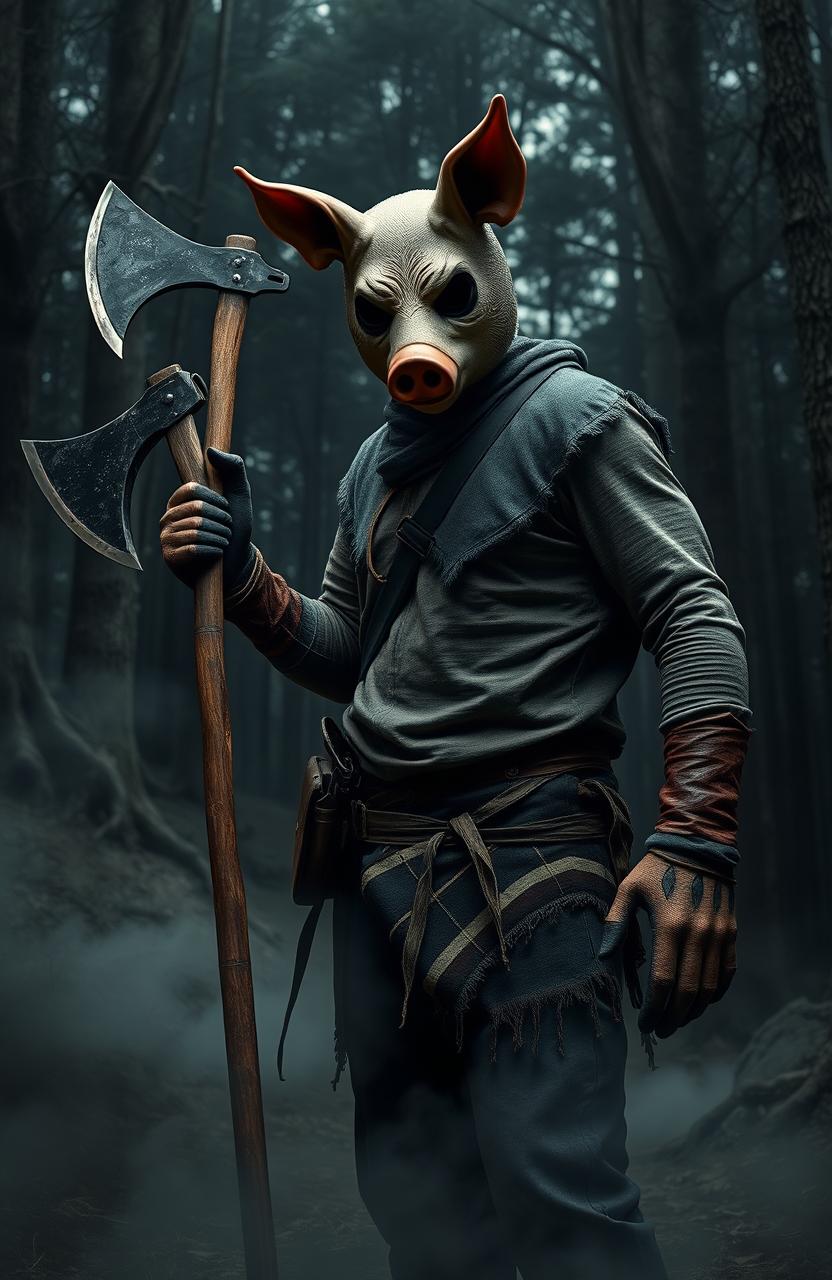 A terrifying pig-masked man standing in a dimly lit forest, holding a large, menacing axe in his right hand