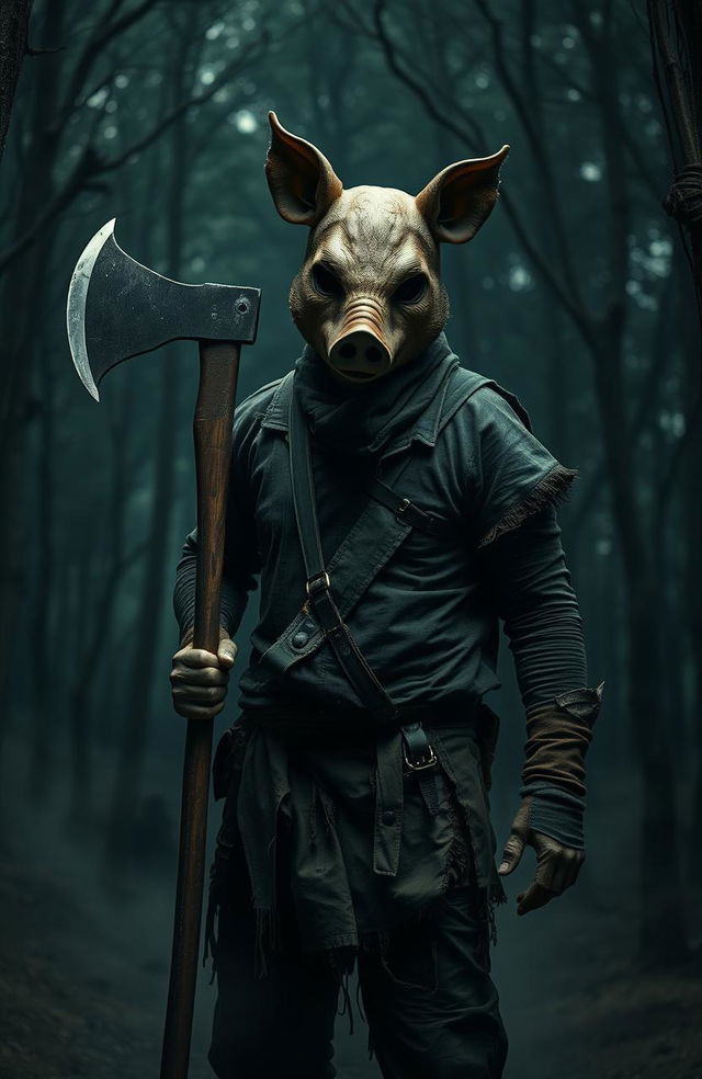 A terrifying pig-masked man standing in a dimly lit forest, holding a large, menacing axe in his right hand