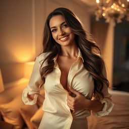 A confident and alluring woman in a stylish room, starting to unbutton her elegant blouse, surrounded by soft, warm lighting that enhances her features
