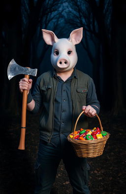 A surreal and striking scene featuring a man wearing a whimsical pig mask