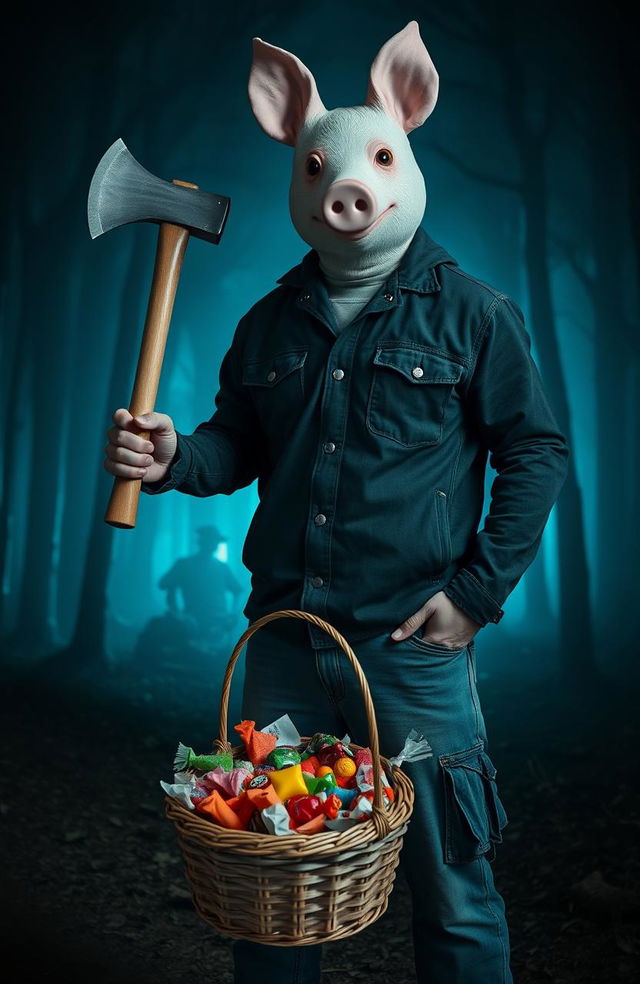 A surreal and striking scene featuring a man wearing a whimsical pig mask